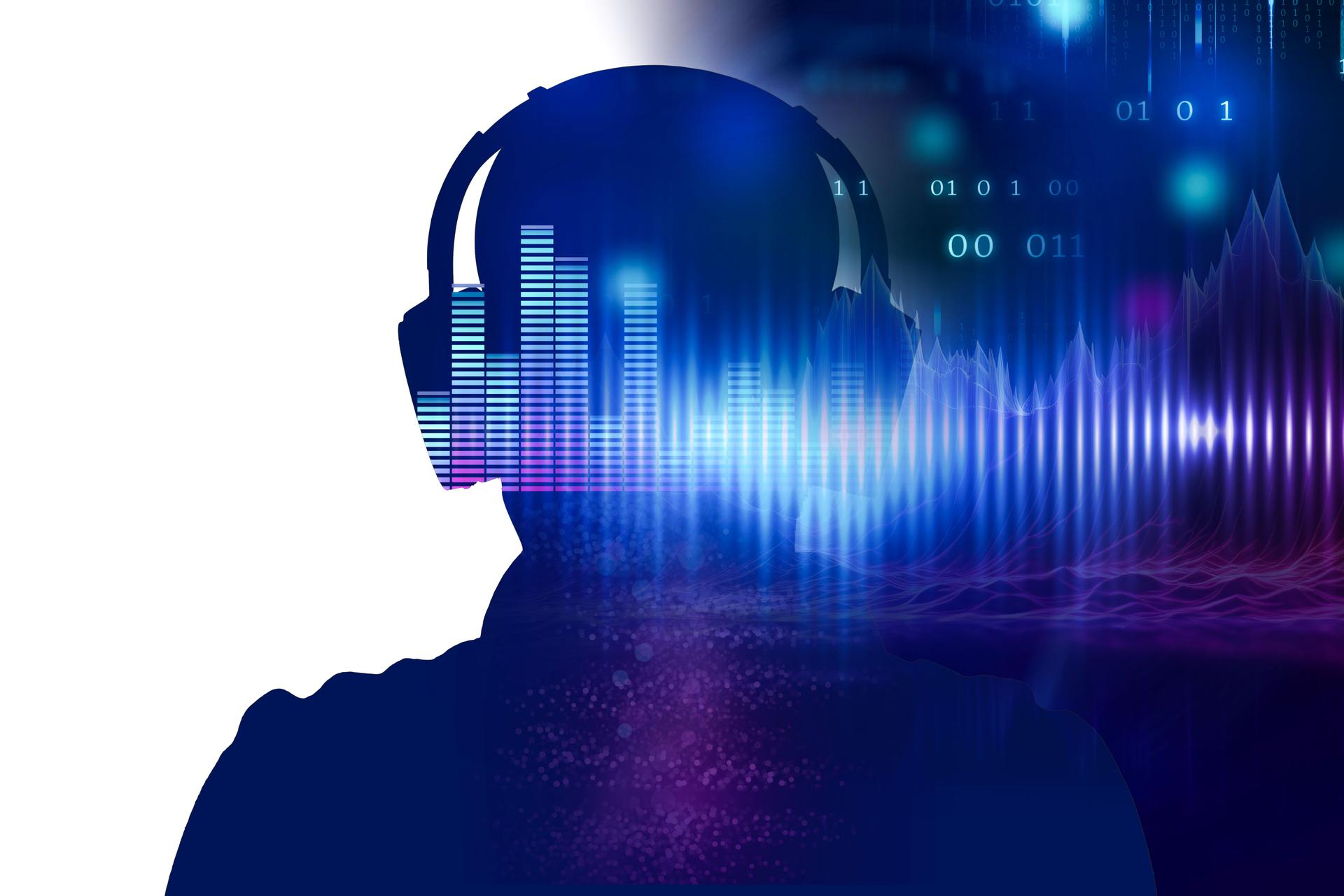 Listening person with headphones and audio waves